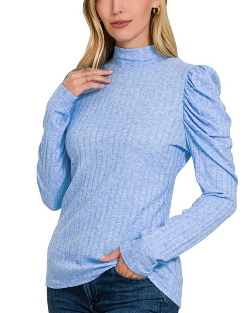 RIBBED PUFF SLEEVE MOCK NECK TOP ( $29.00 )