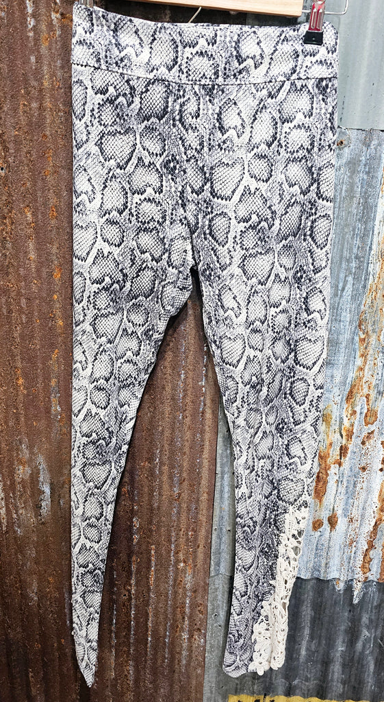SNAKE PRINT SUEDE LEGGINGS WITH LACE & BLING