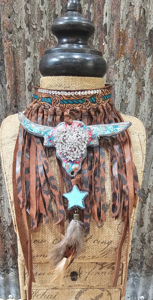 BLINGED OUT LONGHORN RARE BIRD LEATHER CHOKER