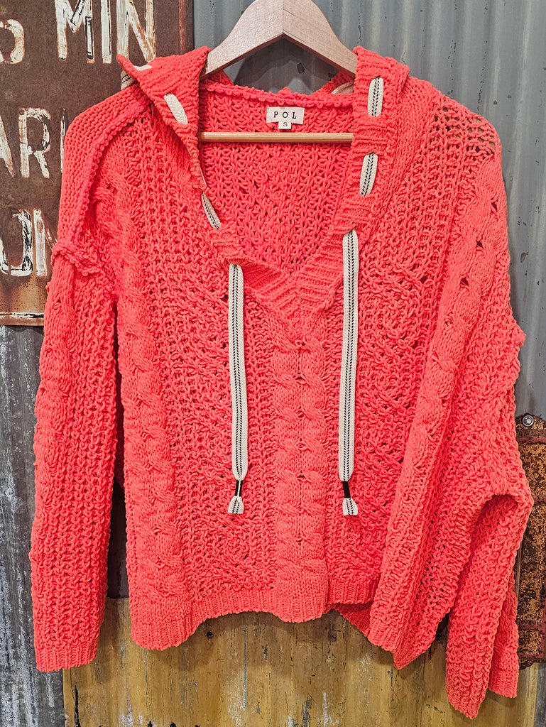 SOFT CORAL POL ROOMY SWEATER WITH HOOD
