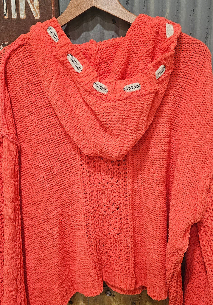 SOFT CORAL POL ROOMY SWEATER WITH HOOD
