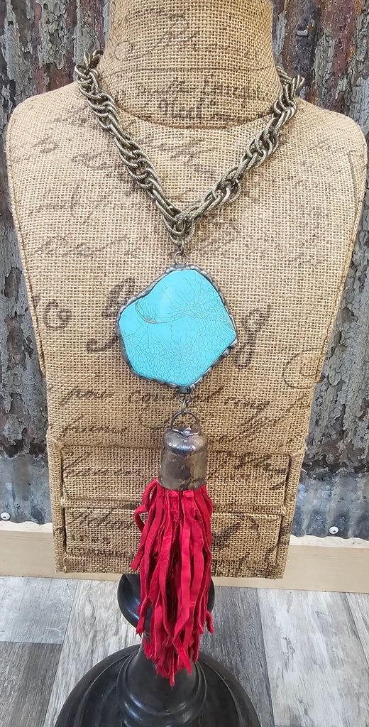 TURQ STONE WITH LEATHER TASSEL