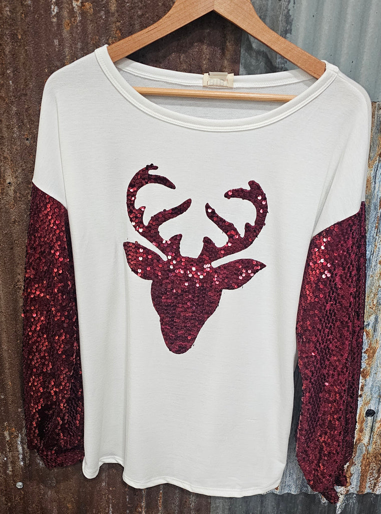 IVORY & BURGUNDY SEQUIN HOLIDAY TOP