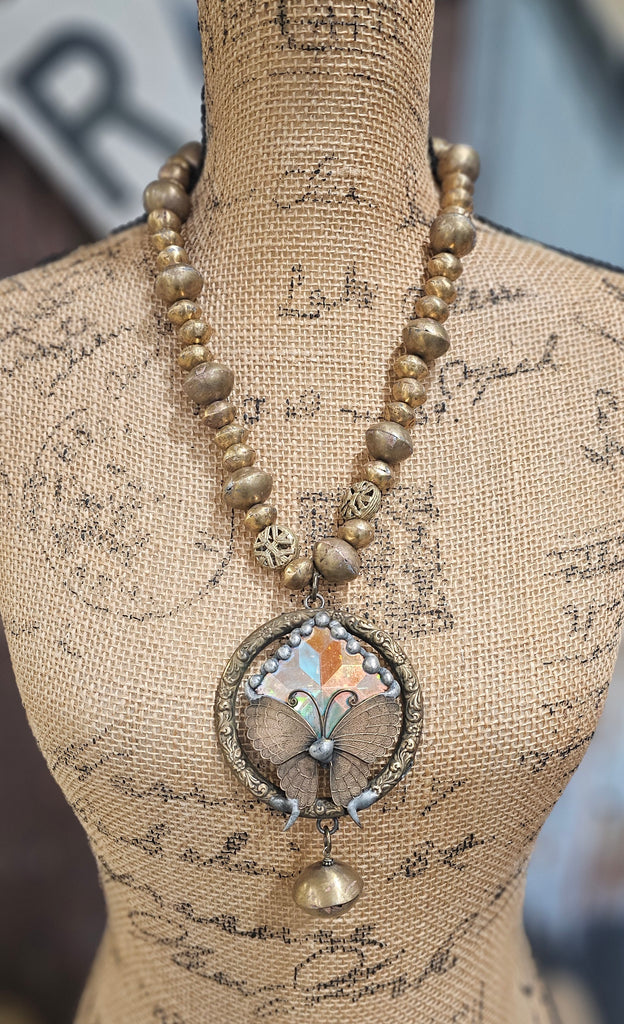 ART BY AMY GOLD AFRICAN BEADS WITH CLEAR STONE & BUTTERFLY