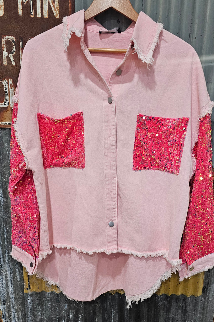 HIGH LOW PINK SEQUIN SLEEVE SHACKET ( $57 )