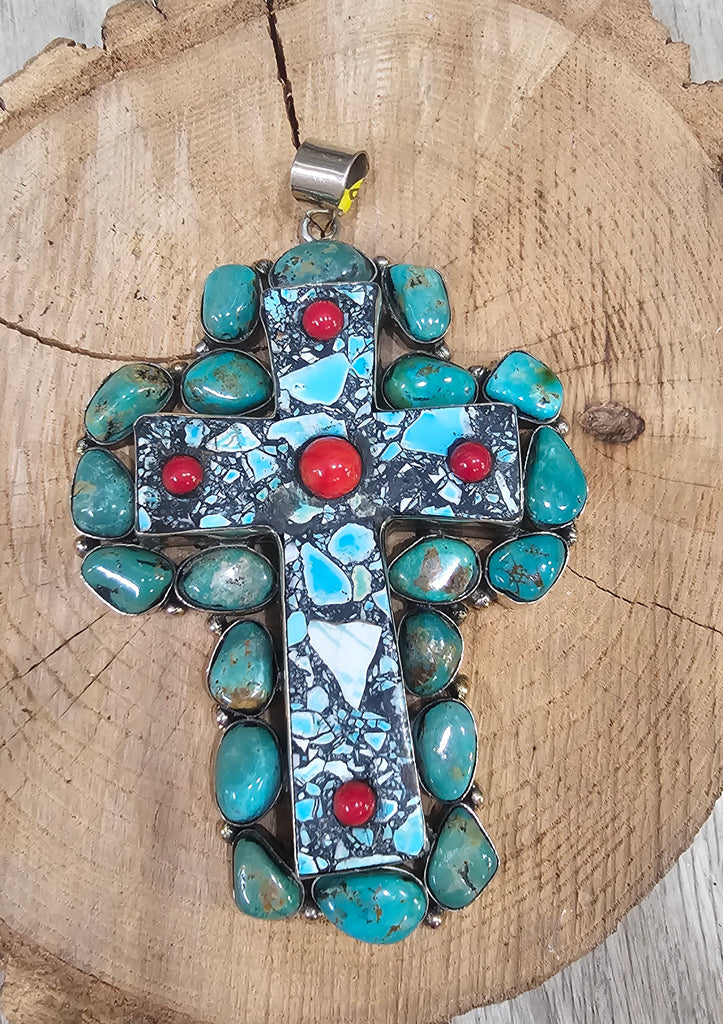 BOLD AGATE CORAL & TURQUOISE CROSS PENDANT