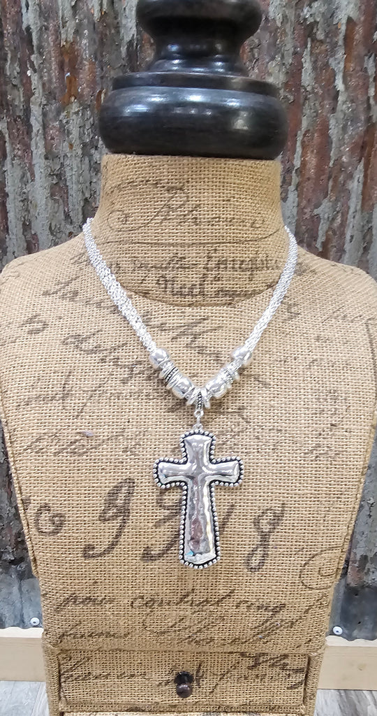 SILVER HAMMERED CROSS WITH MATCHING EARRINGS