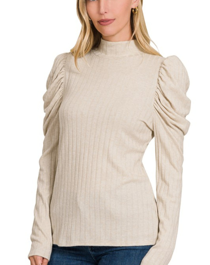 RIBBED PUFF SLEEVE MOCK NECK TOP ( $29.00 )