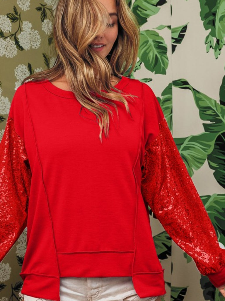 HOME FOR THE HOLIDAYS RED SEQUIN SLEEVE TOP