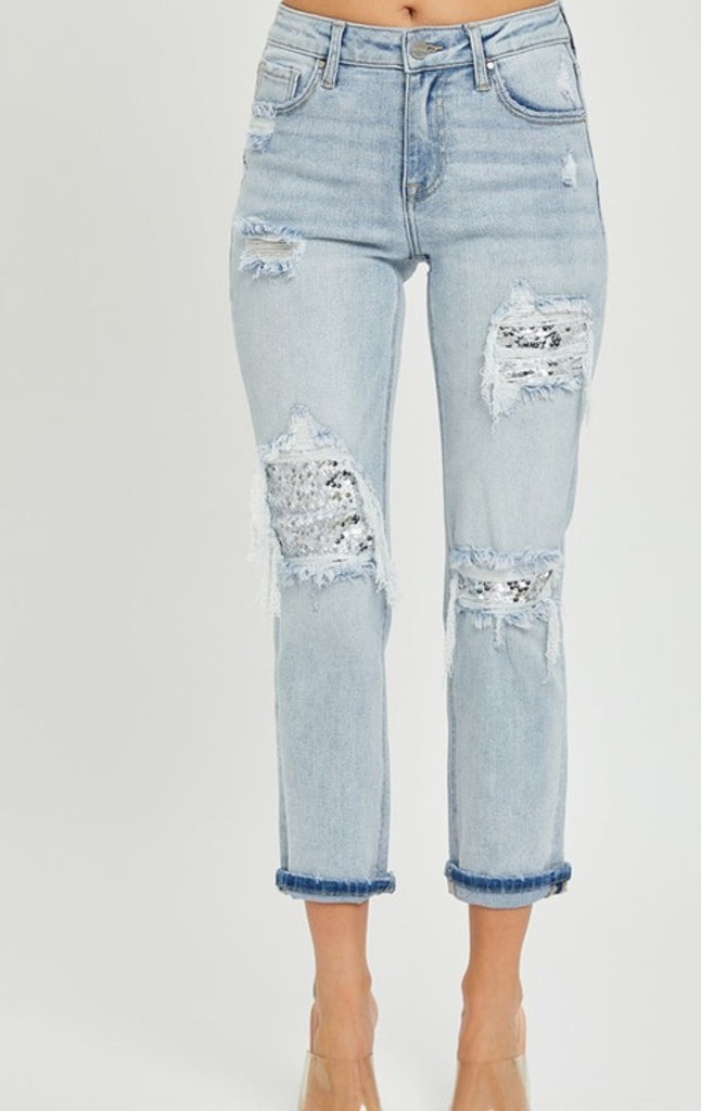 MID RISE RISEN SEQUIN PATCHED BOTTOMS