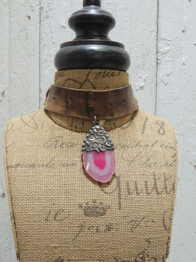 Leather Choker with Pink  Charm