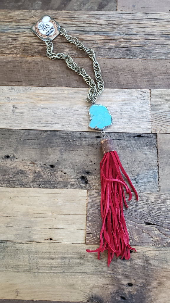TURQUOISE STONE & RED LEATHER NECKLACE
