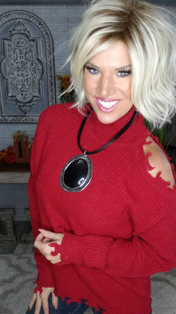 ONE SHOULDER DISTRESSED SWEATER ( RED )
