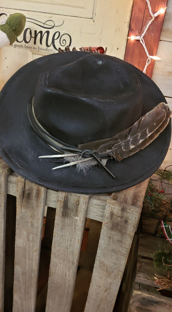 BLACK LEATHER FEDORA WITH BROWN FEATHER