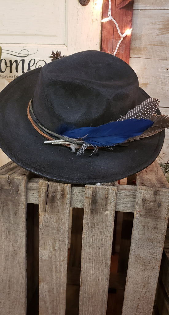 BLACK LEATHER FEDORA WITH BLUE FEATHER
