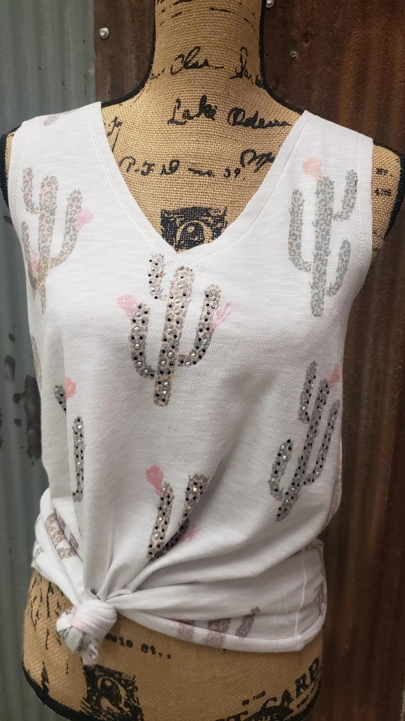 SLEEVELESS TOP WITH CACTUS & BLING