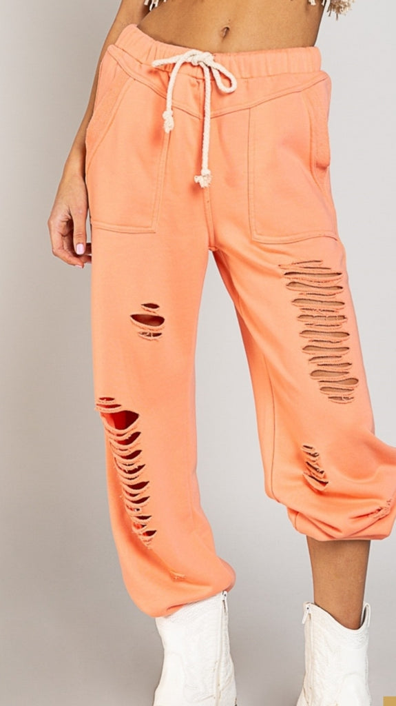 NEON CORAL DISTRESSED POL JOGGERS