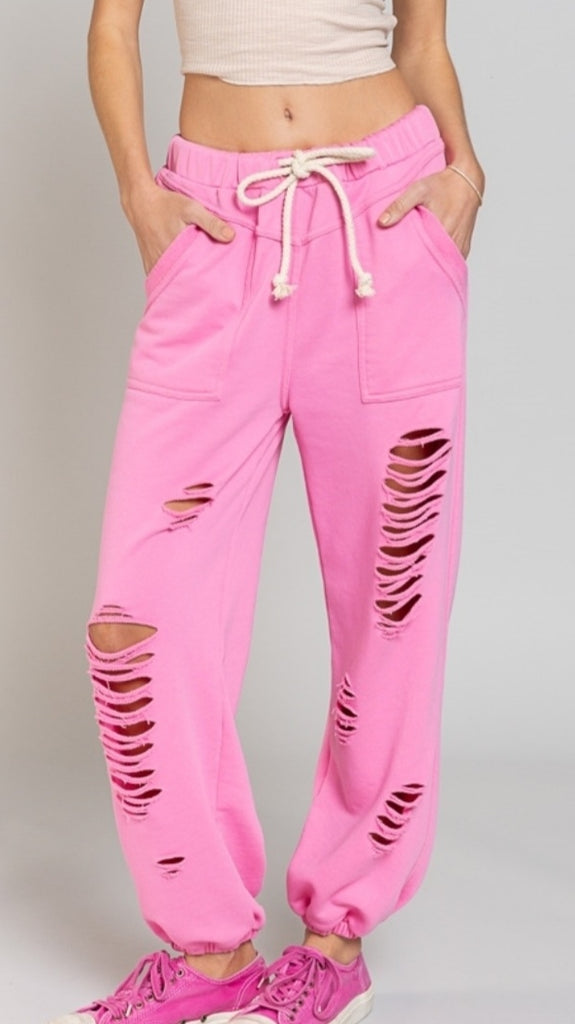 POL DISTRESSED HOT PINK JOGGERS