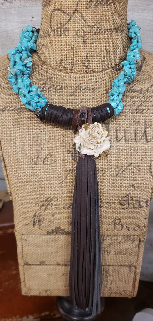 TURQUOISE WITH ROSE AND BROWN LEATHER