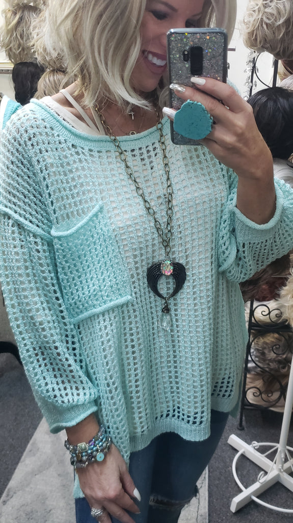 TURQUOISE FISHNET POL SWEATER