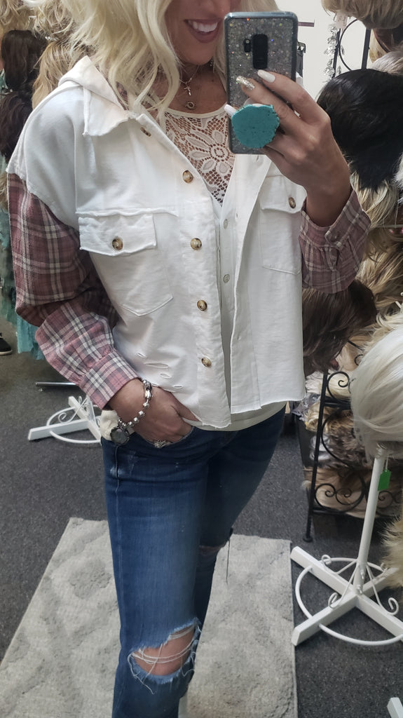 WHITE / PINK PLAID DISTRESSED TOP/ SHACKET