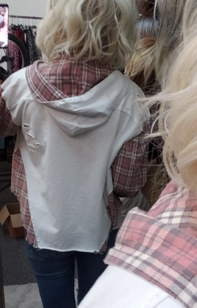 WHITE / PINK PLAID DISTRESSED TOP/ SHACKET