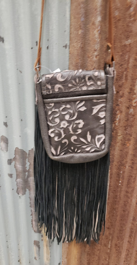 DARK TAUPE LEATHER BAG WITH TAUPE FRINGE