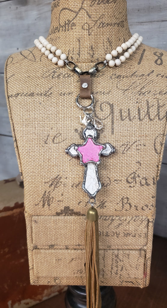 CREAM CROSS WITH PINK STAR & LEATHER