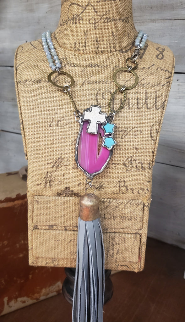 HOT PINK STONE WITH CROSS & GREY LEATHER