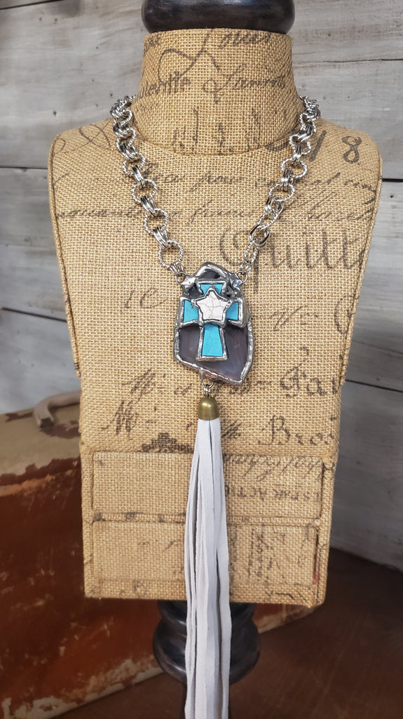 CHUNKY STONE & CROSS WITH LEATHER TASSEL