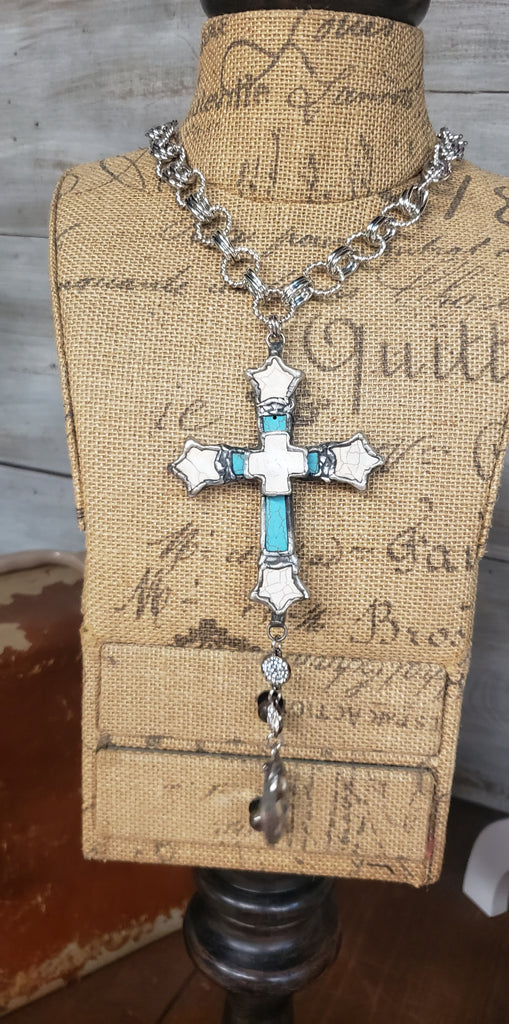 WHITE/ TURQ CROSS WITH BLING