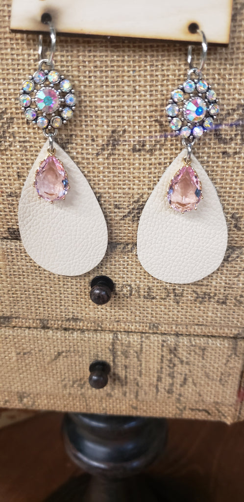 BLING WITH CREAM LEATHER EARRINGS