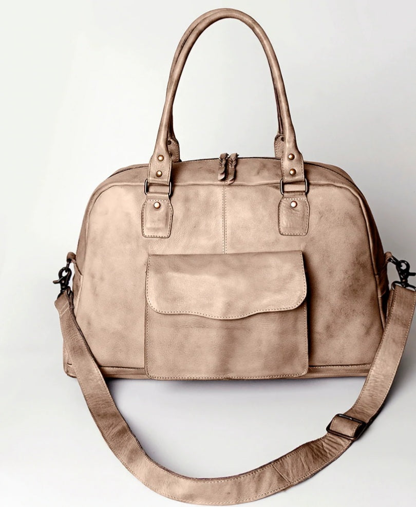 TAUPE BUTTER SOFT LEATHER DUFFLE BAG