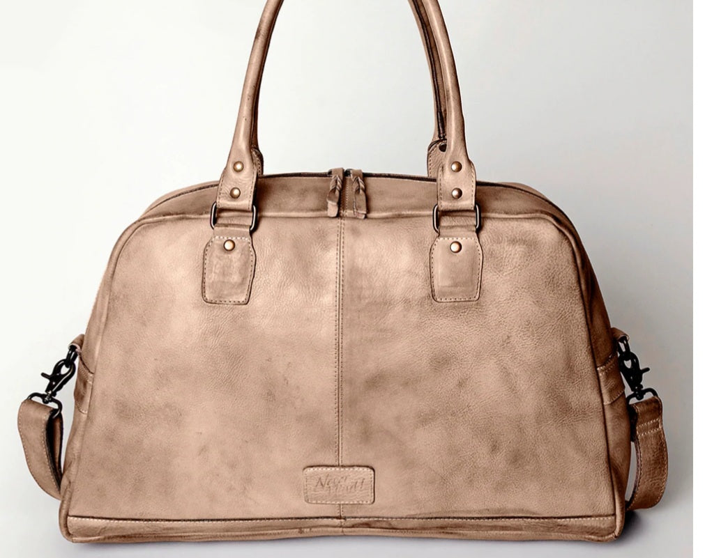 TAUPE BUTTER SOFT LEATHER DUFFLE BAG