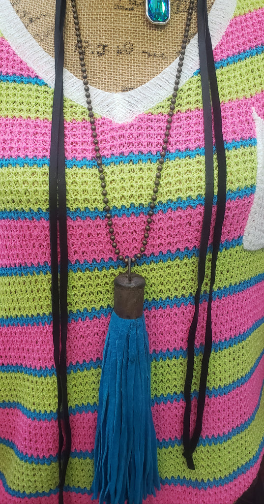 TURQ LEATHER TASSEL NECKLACE