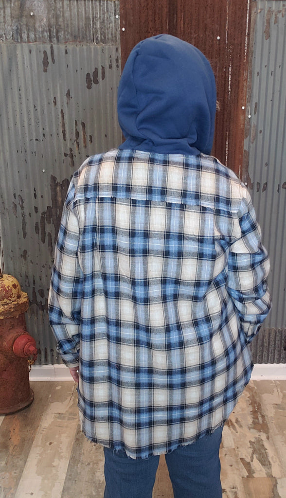 NAVY PLAID BUTTON UP WITH HOOD