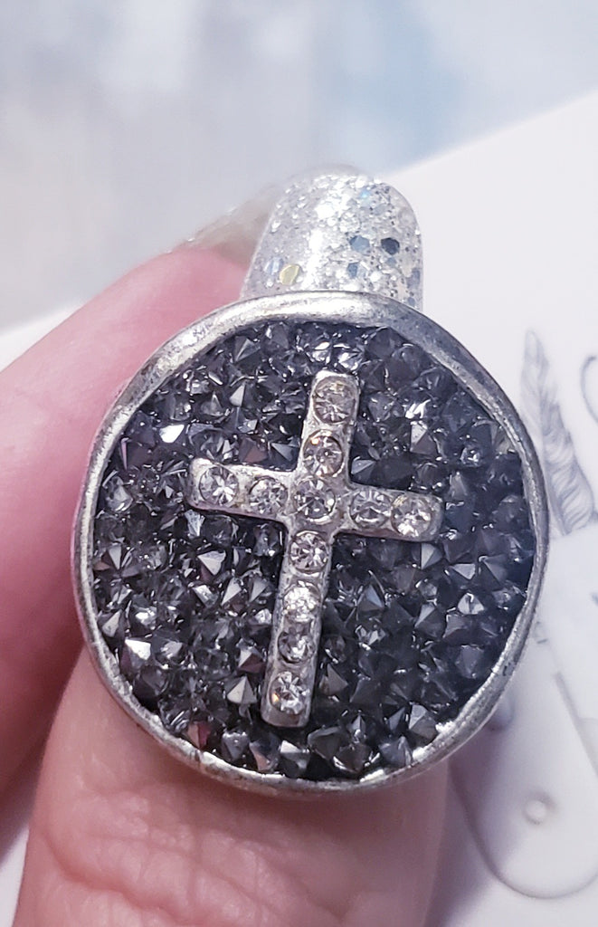 CROSS STRETCY SILVER & PEWTER STRETCH RING