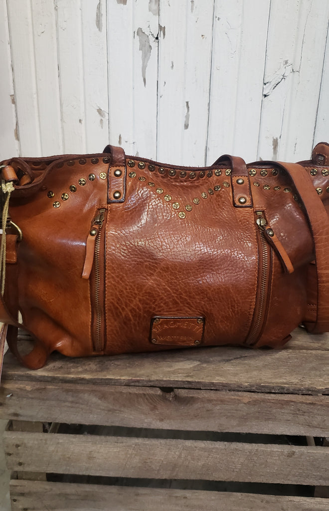 COGNAC LEATHER BAG WITH ZIPPERS