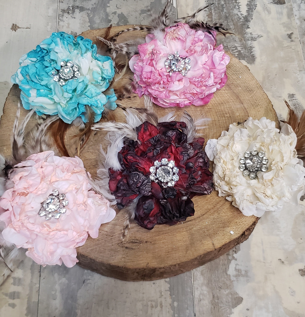 HANDMADE FLOWERS ADORNED WITH FEATHERS & BLING
