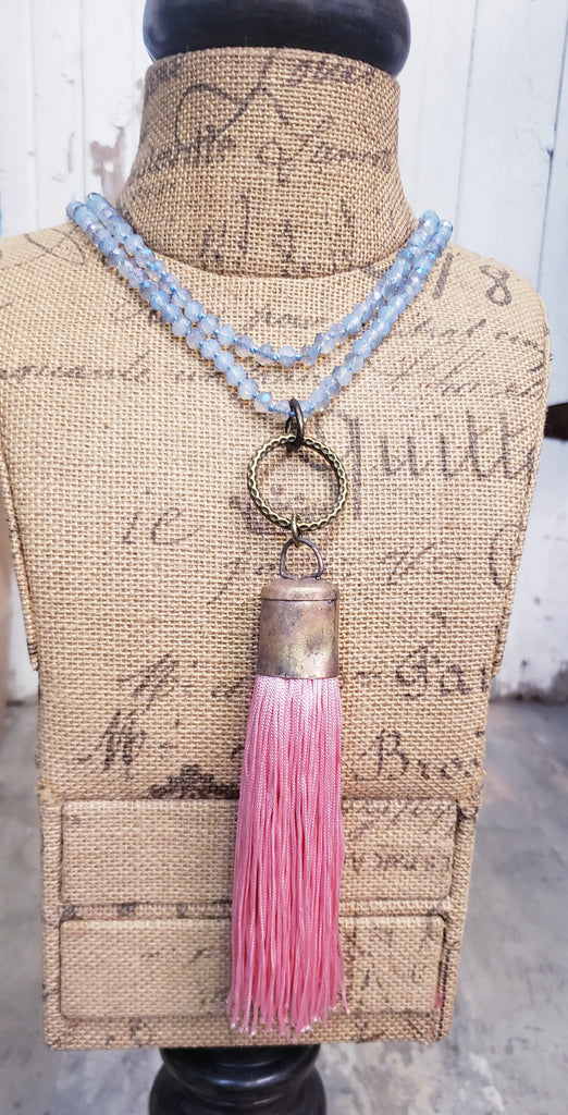 BABY BLUE WITH PINK TASSEL ART BY AMY