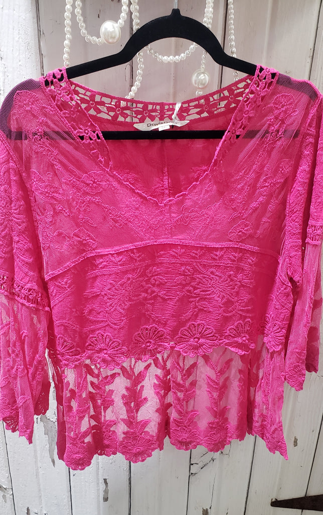HOT PINK SHEER LACE TOP