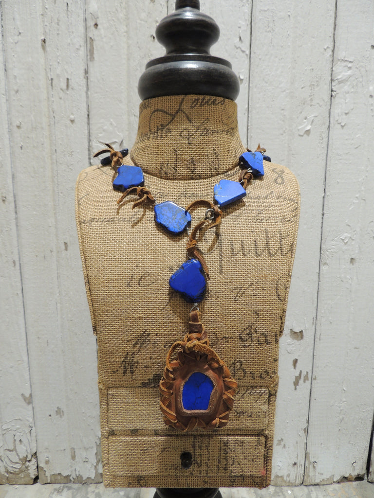 Blue Stone and Leather necklace
