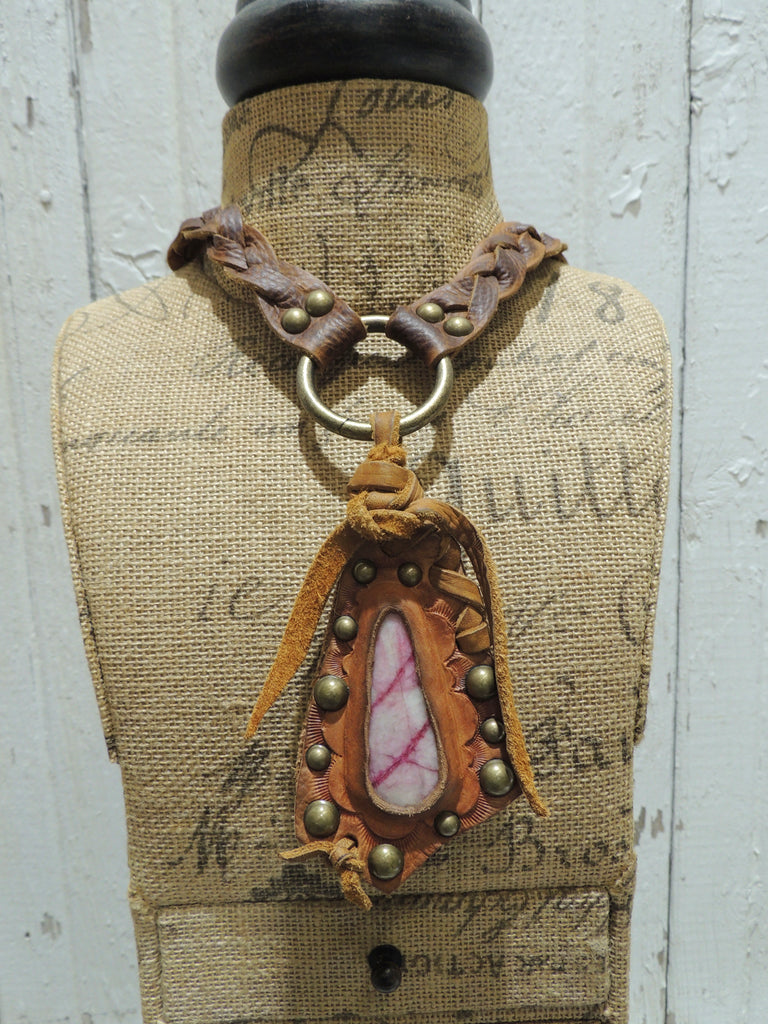 Chunky Leather necklace with Pink and White Charm
