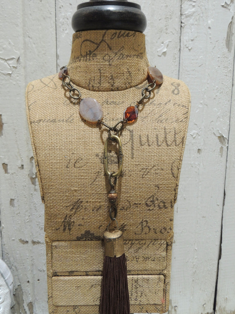Brown Tassel and Stone Necklace