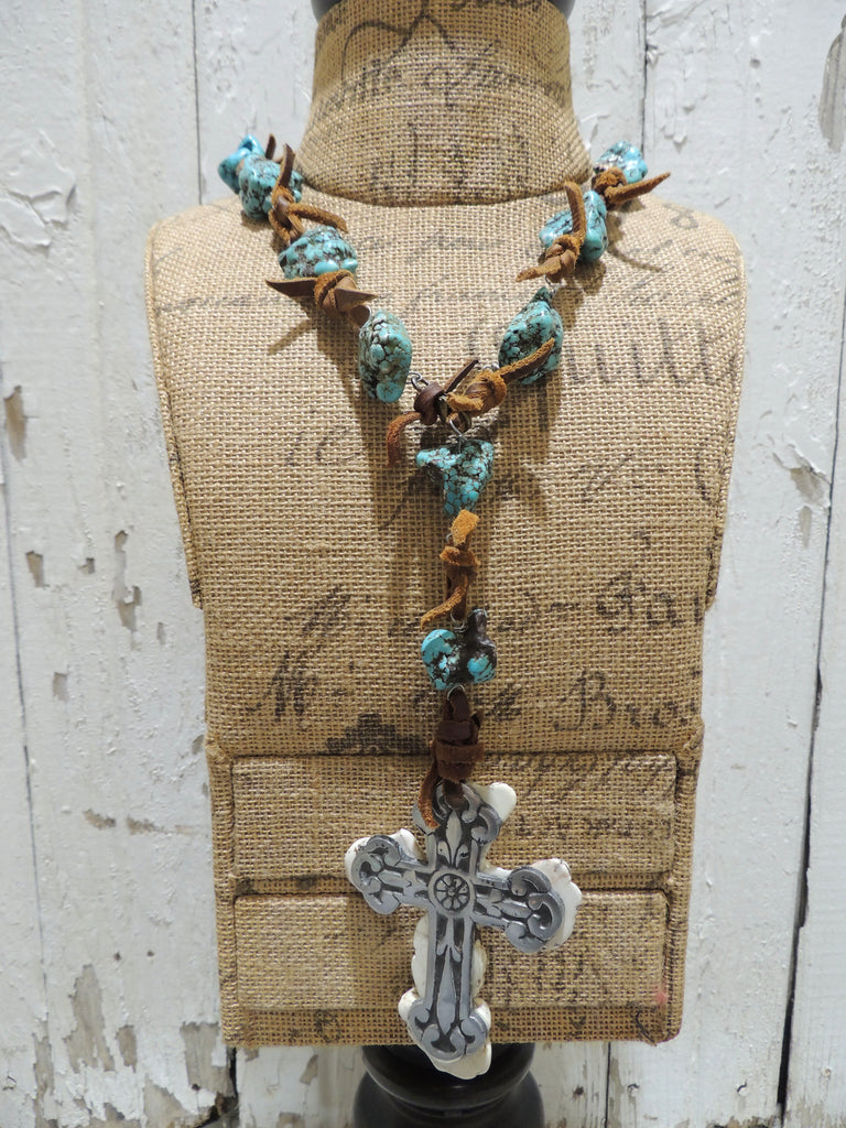 Leather and Turquoise Cross Necklace
