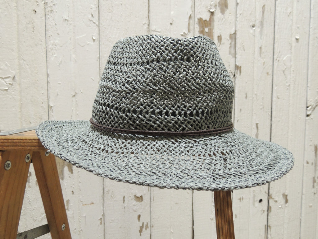 Gray Straw Hat with Brown Leather Band